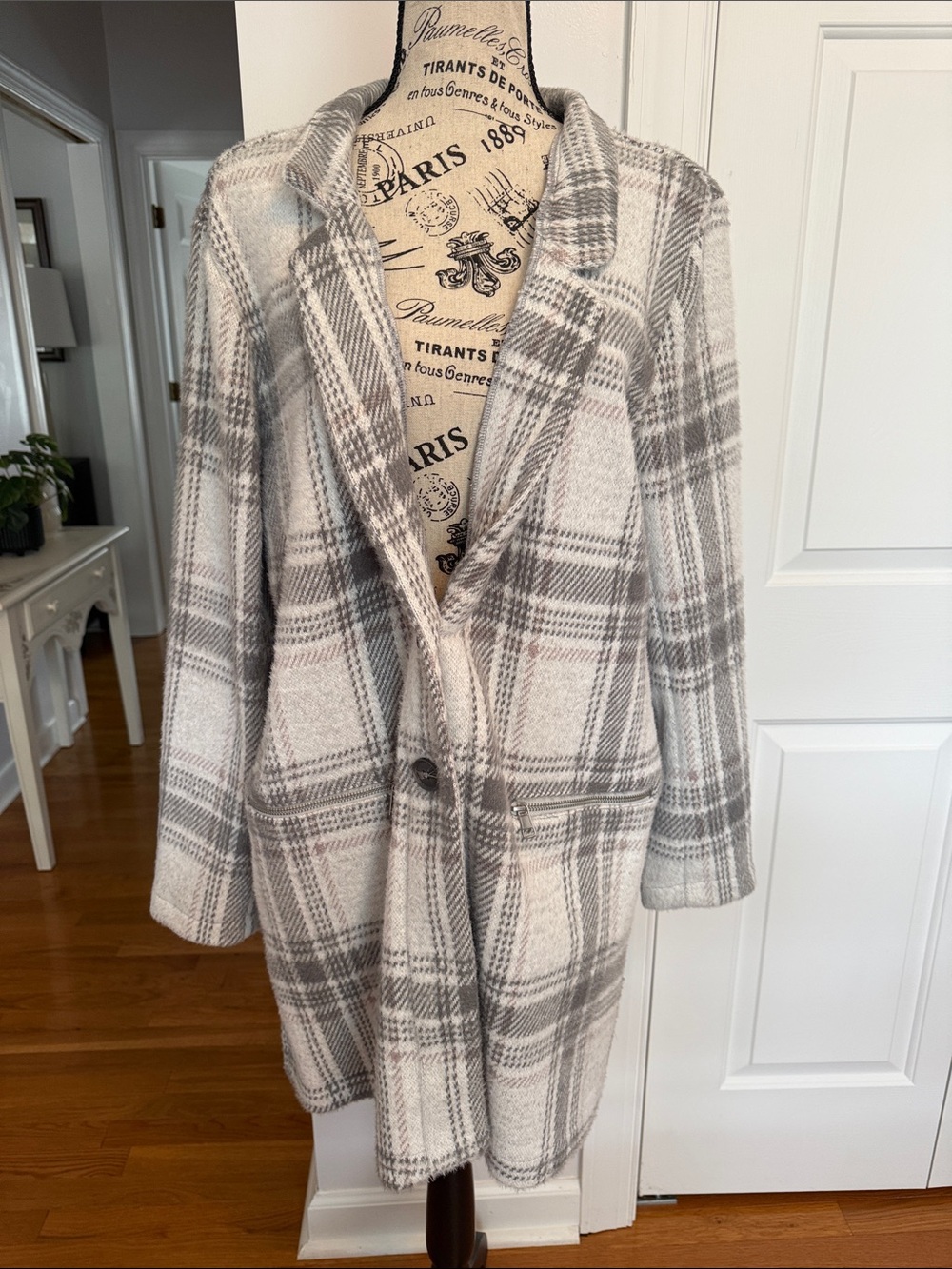 Maurices Cream and Gray Plaid Trench Coat